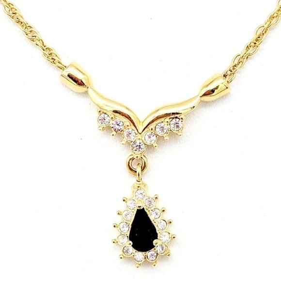 Vintage Roman 17" Rhinestone Collar Necklace Teardrop Pendant Gold Tone Elegant - Picture 1 of 6